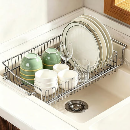 Dish Drying Rack in Sink, Extendable 304 Stainless Steel Dish Drainer for Kitchen Counter, Over The Sink with Utensil Holder, Corrosion Resistant Space Saving Drainage Basket