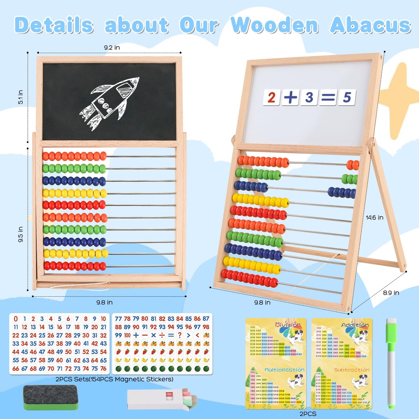 Wooden Abacus for Kids Math Games for Kids 3-5 4 5-7 6-8 Counters Toys with Double-Sided Whiteboard Blackboard and Magnetic Number Cards 1-100 Educational Counting Math Manipulatives 1st 2nd grade