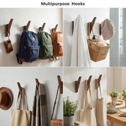 FCOWK Walnut Wood Wall Hooks - 4 Pack, Heavy Duty Coat Hooks Wall Mount for Entryway, Bathroom & Bedroom. Minimalist Wooden Wall Hooks for Hanging Coat, Hat, Bag, Towel, Backpack (Dark Walnut)