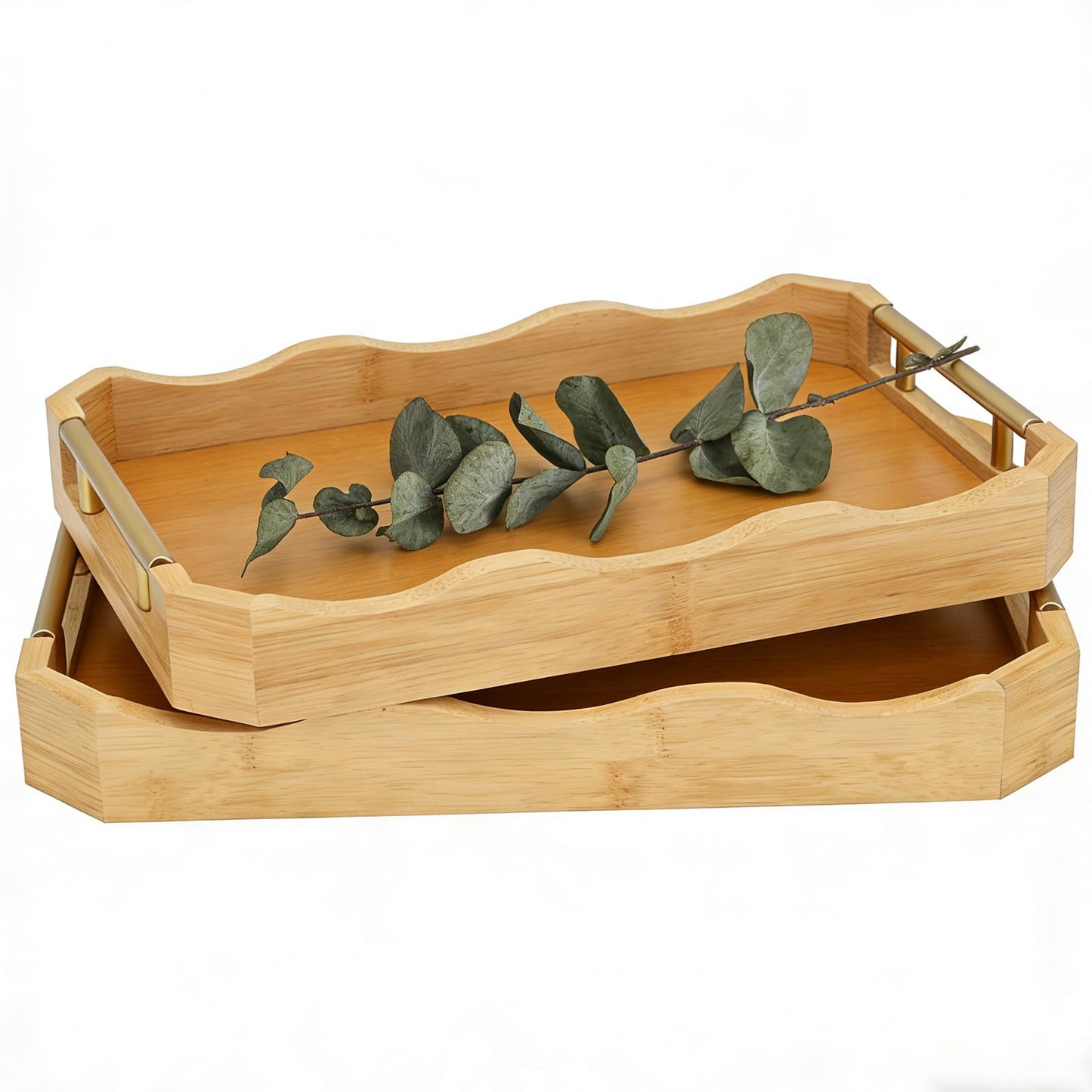 Decorative Bamboo Serving Tray Set with Gold Metal Handles, 2 Pack Ottoman Coffee Table Trays, 14.5x9.8 and 15.75x11 Inches (Bamboo Color)