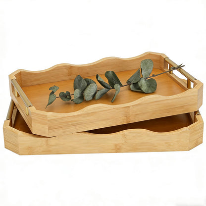 Decorative Bamboo Serving Tray Set with Gold Metal Handles, 2 Pack Ottoman Coffee Table Trays, 14.5x9.8 and 15.75x11 Inches (Bamboo Color)