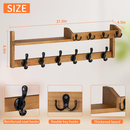Coat Rack Wall Mount with Shelf, 27.5" Entryway Wall Hanging Shelf, Coat and Key Hanger with 10 Dual Hooks, Mail Organizer and Key Holder Hat Rack for Wall, Wood Coat Hooks with Storage