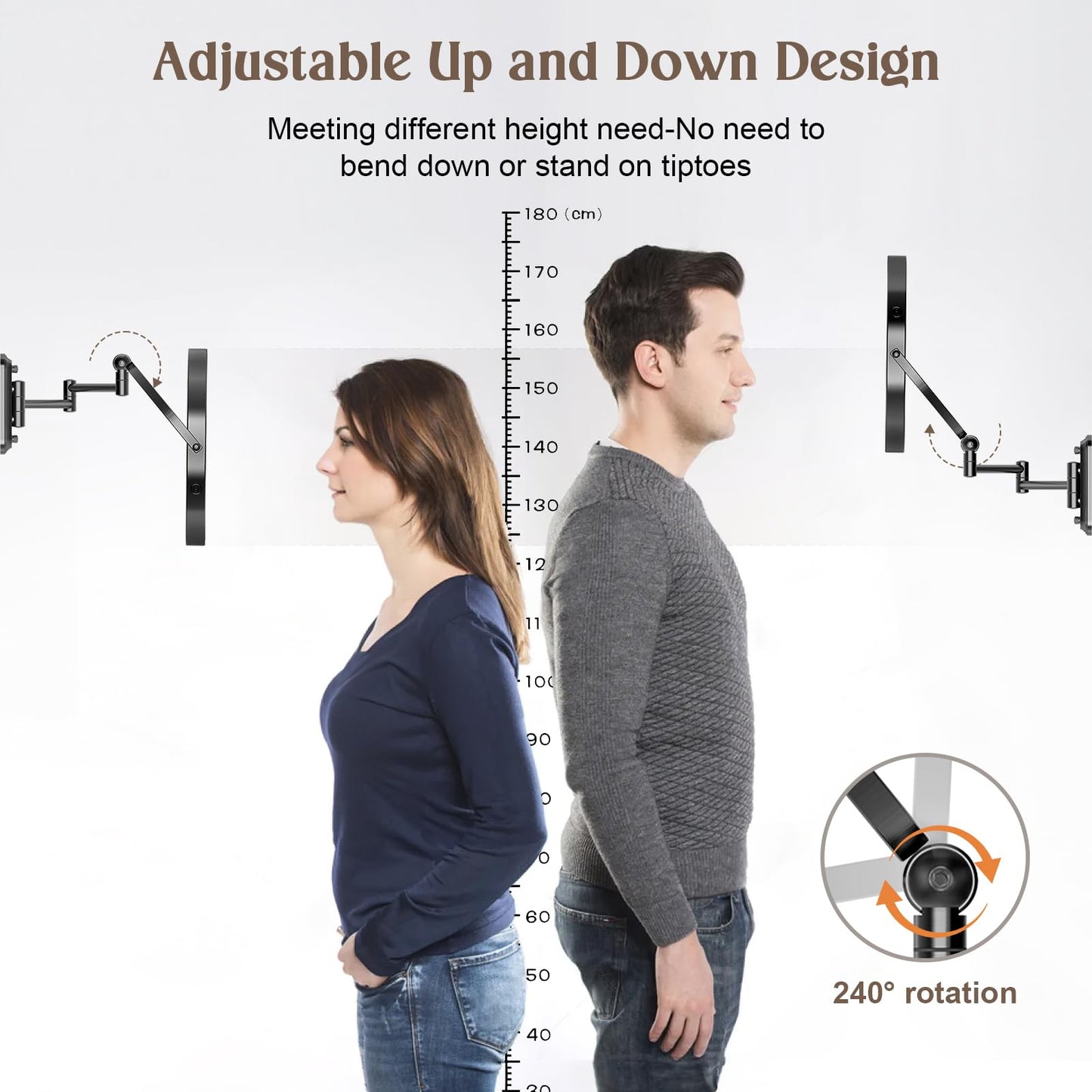 9" Wall Mounted Makeup Lighted Mirror, 4000mAh Rechargeable Double Sided LED Vanity Mirror with Height Adjustable&1X/10X Magnification, 3 Color Lights Touch Screen Dimmable 360°Swivel Bathroom Mirror