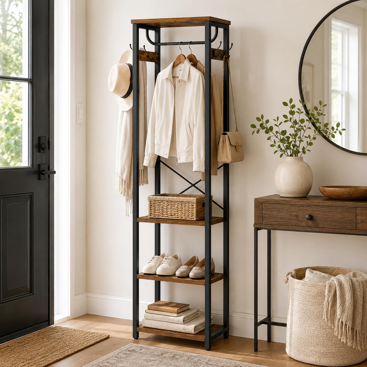 Cerlyunzan Coat Rack with Hanging Rod, Garment Rack with 3 Wooden Shelves and 4 Hooks, Freestanding Hall Tree, Industrial Clothes Rack Stand Organizer, Rustic Brown and Black