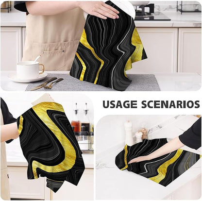 Black Gold Kitchen Dish Towels Set of 4 Soft Absorbent Marble Texture Black
