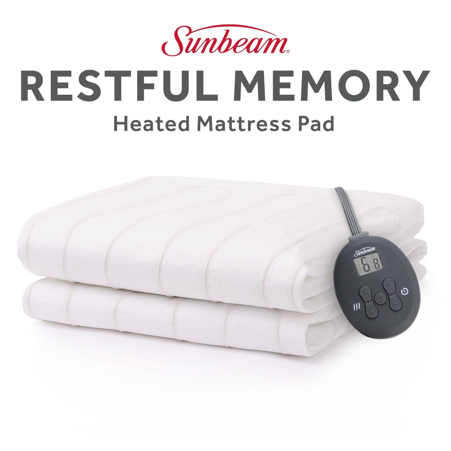 Sunbeam Electric Heated Mattress Pad Queen 80" x 60" 12 Heat Settings 12-Hour Auto Shut-Off Fast Heating Soft Cozy Fabric Deep Pocket Skirt Machine Washable