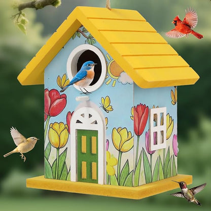 Wooden Bird Houses Bird House for Outside Yellow Wood Bird House for Outdoors,Handmade Painted Tulips Bird Houses for Garden Blue Bird Hummingbird Wren Cardinal Swallow Sparrow Finch Chickadee