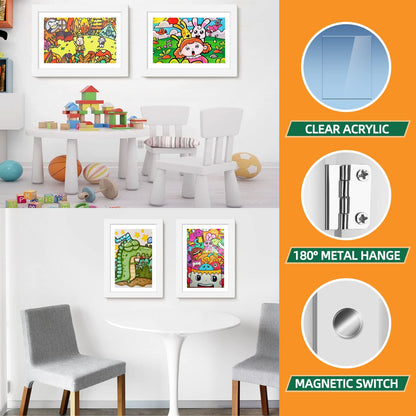 IMMERROT 4 Pack Kids Art Frames 8.5x11 Inch Kids Artwork Flip Frame Changeable for Picture Display, Children School Drawing Projects Storage, Horizontally Vertically Wall Hanging, Front Opening, White