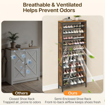 YATINEY 12-Tier Wooden Shoe Storage Organizer and 12-Tier Tall Shoe Rack, Large Shoe Storage Organizer for Closet SS212BR-SS42BR