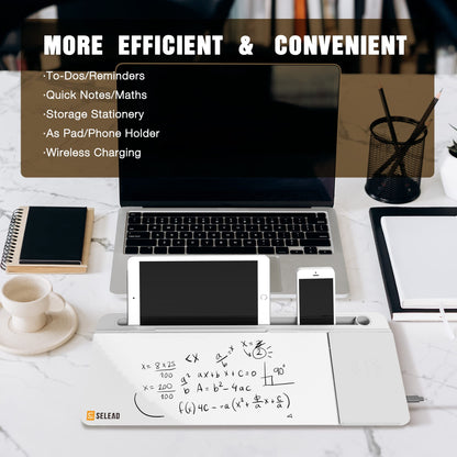 SELEAD Desktop Glass Whiteboard with Wireless Charger Station, Dry Erase Board Computer Pad Keyboard Stand with Organizer Drawer for Home, School, Office Desk Accessories, White