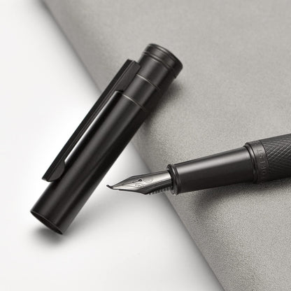 Brushed Black Forest Fude Pen, Bent Nib Calligraphy Fountain Pen (Fine to Broad) with Converter and Metal Box Set by Asvine