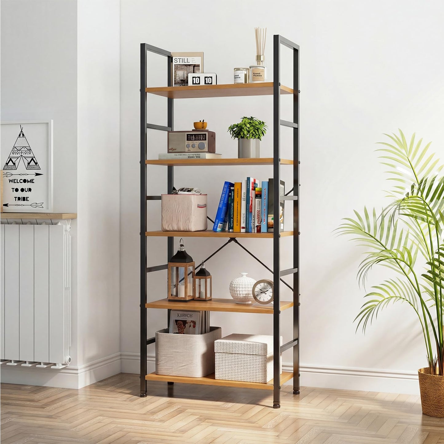 DUMOS 5 Tiers Bookshelf, Classical Book Shelf, Tall Display Shelves in Living Room/Home/Office, Storage Organizer for CDs/Books/Movies, Wood
