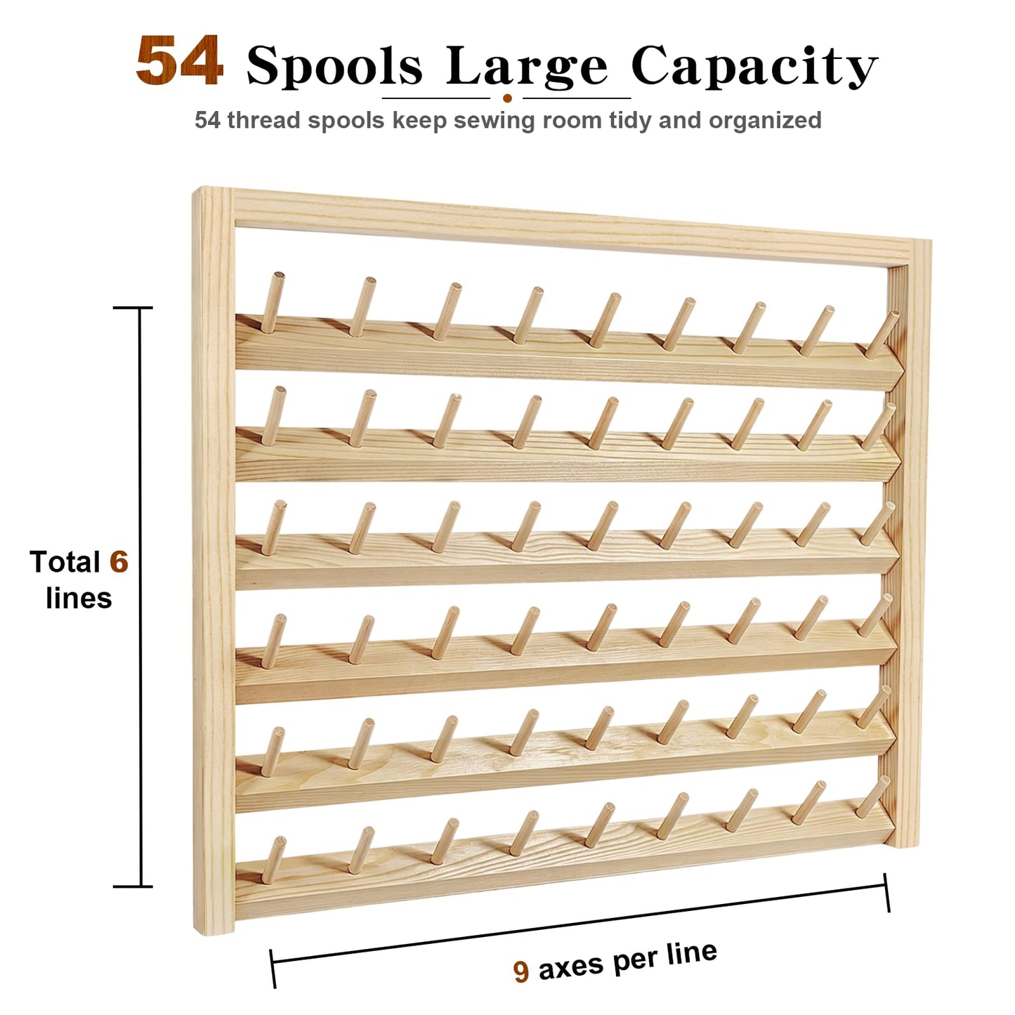 Wettin Premium 54 Spools Wooden Thread Rack – Wall Mounted Sewing Thread Holder Organizer for Craft Room, Embroidery, Hair-braiding & Jewelry Hanging, Includes Hanging Hooks