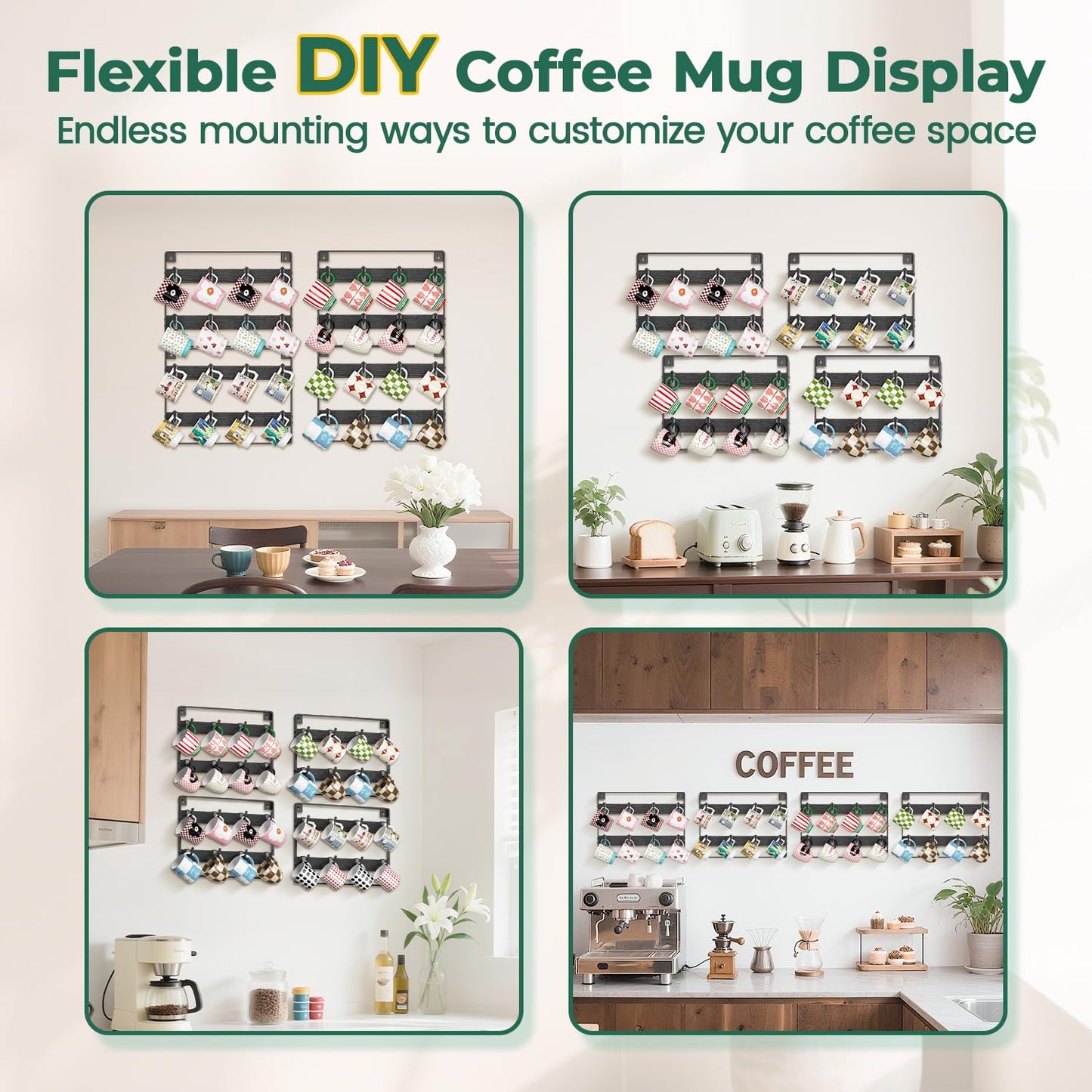 EsLuker.ly Mug Holder Hanger Rack Wall Mounted Wooden 4 Pack Coffee Cup Storage Organizer Display Shelf with 32 Movable Plastic Hooks, Ideal for Mug Collectors, Black