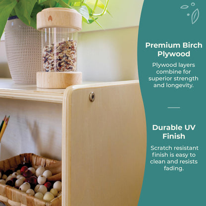 Guidecraft EdQ Two Shelf Open Storage 24'' Natural with 3 Fabric Bins: Wooden Multi-Purpose Bookcases and Toy Storage Organizer; Homeschool and Classroom Furniture