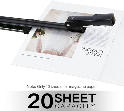 Deli Long Reach Stapler with 1000 Staples, 20 Sheet Capacity, Long Arm Standard Staplers for Booklet or Book Binding, Black