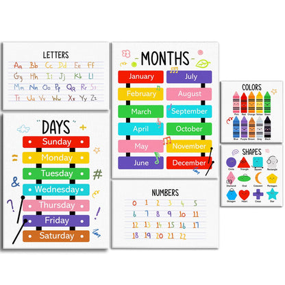 Colourful Alphabet Educational Wall Decor,Abc Chart Number Chart Educational Wall Art Canvas Frame Poster Print for Classroom Homeschool Nursery Wall Decor Set of 6