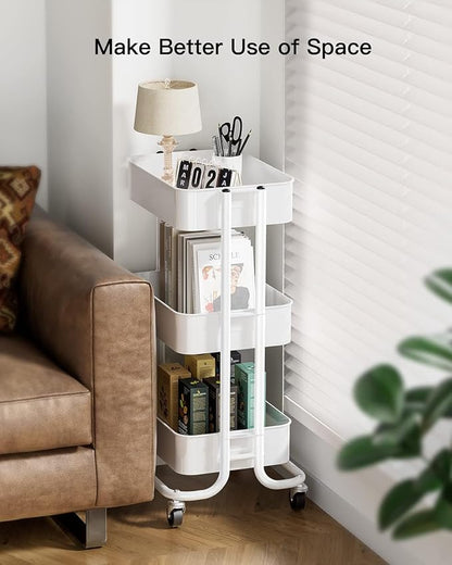 Pipishell 3 Tier Metal Rolling Utility Cart, Heavy-Duty Storage Rolling Cart with 2 Lockable Wheels, Multifunctional Mesh Organization Utility Cart for Kitchen Dining Room Living Room (White)