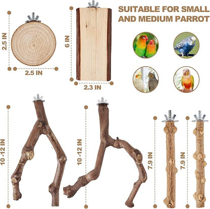 LIMIO 6-Piece Bird Perch Set - Natural Wood Grape Sticks, Paw Grinding Forks, Bird Stand & Toys for Parakeets, Cockatiels, Conure, Budgies