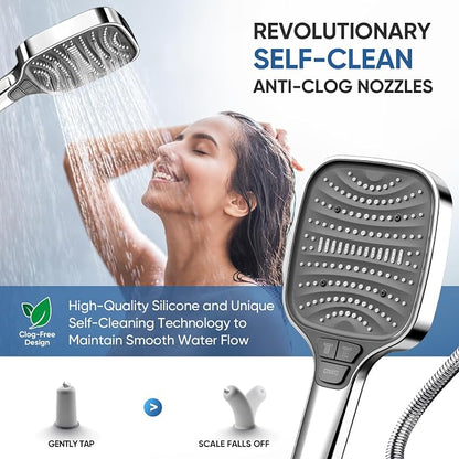 High Pressure Shower Head with Handheld,8 Modes,Heat-Resistant Premium ABS Material,Anti-clog Nozzles,Built-in Power Wash to Clean Tub,Tile & Pets,59″ SUS 304 Hose & Thickened Bracket,Silver
