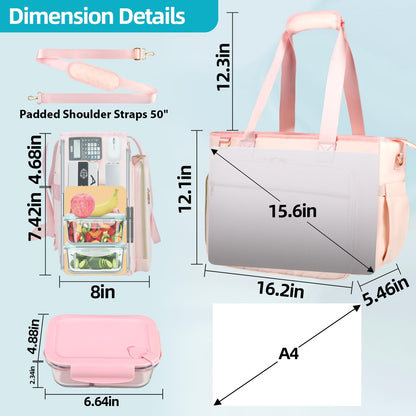 ahzske Lunch Work Tote Bag for Women with Accordion File Organizer Pocket, 3 in 1 Daily Tote Bag with Insulated Lunch Compartment& 15.6 Inch Laptop Compartment for Business Teacher Nurse (Pink)