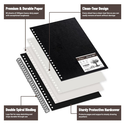 KAKKUE 11" x 14" Hardcover Sketch Book, 200gsm/80 Sheets Professional Thick Drawing Paper, Spiral Bound Pad, Acid-Free Perforated for Mixed Media, Sketching & Drawing, for Artists & Kids