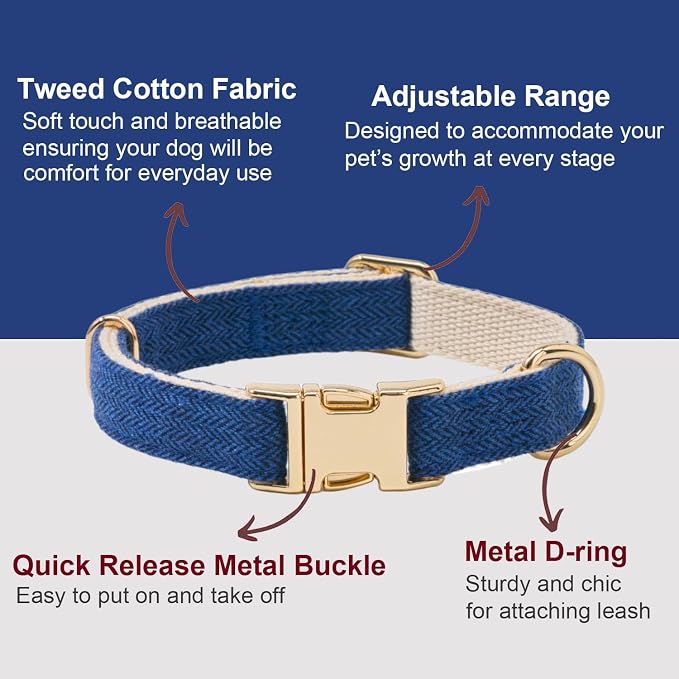 Soft Cotton Hemp Dog Collar with Metal Buckle Adjustable Tweed Dog Collars for Small Medium Large Dogs(Royal Blue,Medium)