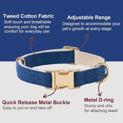 Soft Cotton Hemp Dog Collar with Metal Buckle Adjustable Tweed Dog Collars for Small Medium Large Dogs(Royal Blue,Medium)