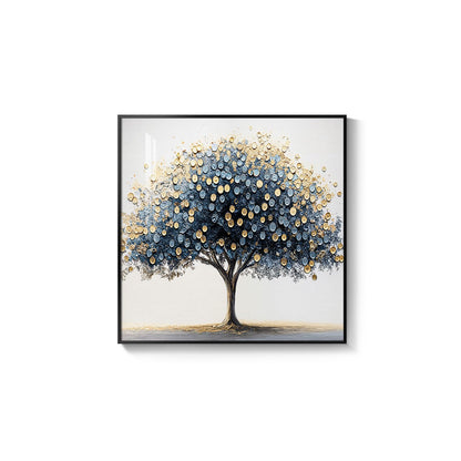 Framed Square Tree of Life Wall Art, Blue Gold Modern Money Tree Painting Prints, Minimalist Elegant Luxury Abstract Tree Artwork for Living Room Bedroom Kitchen Hallway Office Home Decor, 30x30 Inch