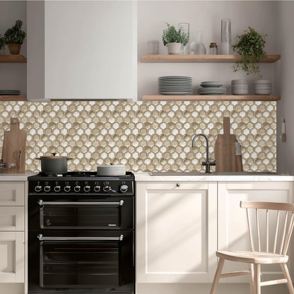 HOMETITUTE 20Pcs Hexagon Gold Glass Look Tile Stickers Peel and Stick Decorative Tiles Waterproof Removable Sticker Tiles Backsplash Decals for Kitchen Bathroom Fireplace Wall Covering 4x4 Inch not 3D