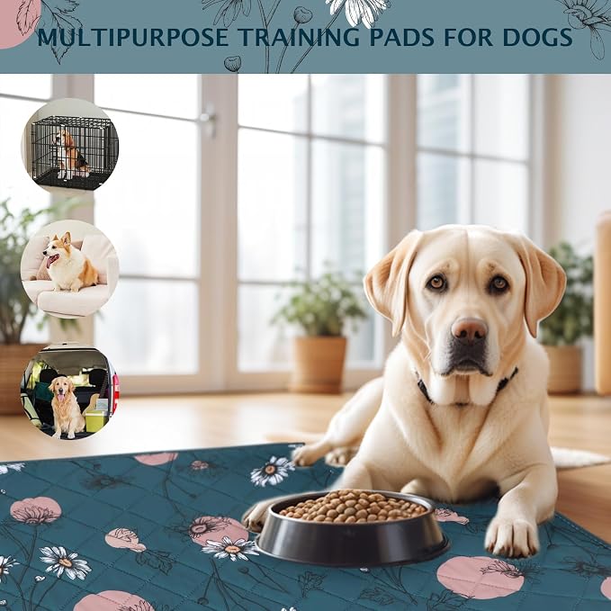 IEUUMLER Washable Pee Pads for Dogs, 1 Pack Non-Slip & Waterproof Pack Whelping Pad, Reusable Washable Puppy Potty Training Pad with Fast Absorbent for Playpen EU007 (Navy Blue Daisy, 48"X48"-1pcs)