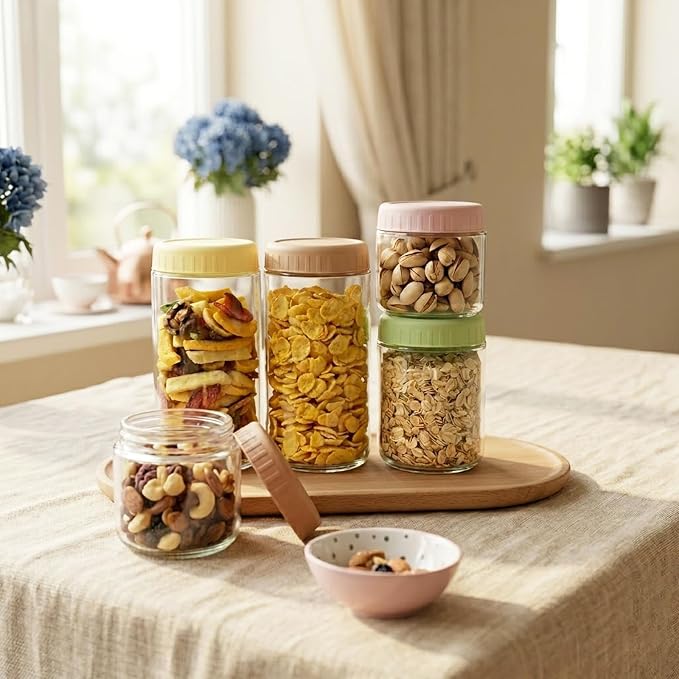 SHOWIN Overnight Oats Containers with Lids, 24oz Glass Jars with Lids 4 pcs, Wide Mouth Mason jars for Salad, Yogurt, Snacks, Meal Prep