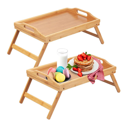 Artmeer Bed Tray Table with Foldable Legs,Bamboo Breakfast Tray with Handles Ideal for Sofa, Bed, Eating,Working,Used As Laptop Desk Snack Tray 2 Pack Bamboo