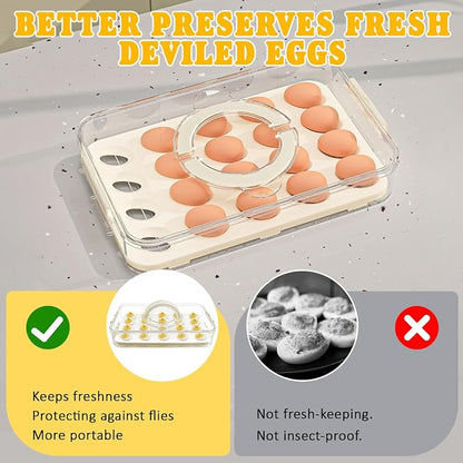 20 Deviled Egg Containers with Lid & Handle,Egg Holder for Fridge PET Thickened Eggs Organizer for Refrigerator Inc Egg Slicer,Kitchen Tongs,Silicone Spatula,Piping Decorating Kit