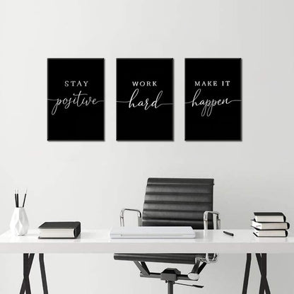 Motivational Office Wall Art Canvas Prints Set of 3 – Stay Positive Work Hard Make It Happen, Modern Positive Quotes Wall Decor for Home Office Living Room Bedroom Decor 12x16 inch Framed