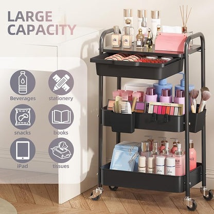 3 Tier Metal Rolling Utility Cart with Drawer & Lockable Wheels - Heavy Duty Multifunctional Storage Organizer with 2 Cups and 4 Hooks for Bathroom, Kitchen, Snack, Craft, Makeup, Baby Essentials