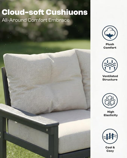 HDPE Outdoor Patio Furniture Set, 7-Piece Patio Conversation Sets with Coffee Table & Side Table & Beige Washable Thick Cushions, Outdoor Sofa for Balcony, Porch (Grey Frame)