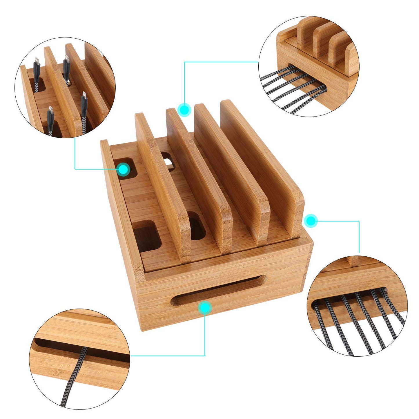 Bamboo Wood Multi-Device Desktop Dock Station Charger Holder Charging Cradle Charge Stand Compatible for iPhone 16 15 14 13 12 11 Pro Max XS XR X iPad 3 4 Mini Pro Air Samsung Huawei Smartphones