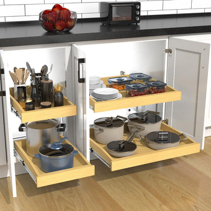 2 Tier Pull Out Cabinet Organizer, 17"W x 21"D Solid Wood Heavy-Duty Base Bottom Assembly Slide out Drawer Shel Cabinet Organization for Kitchen, Pantry, Bathroom