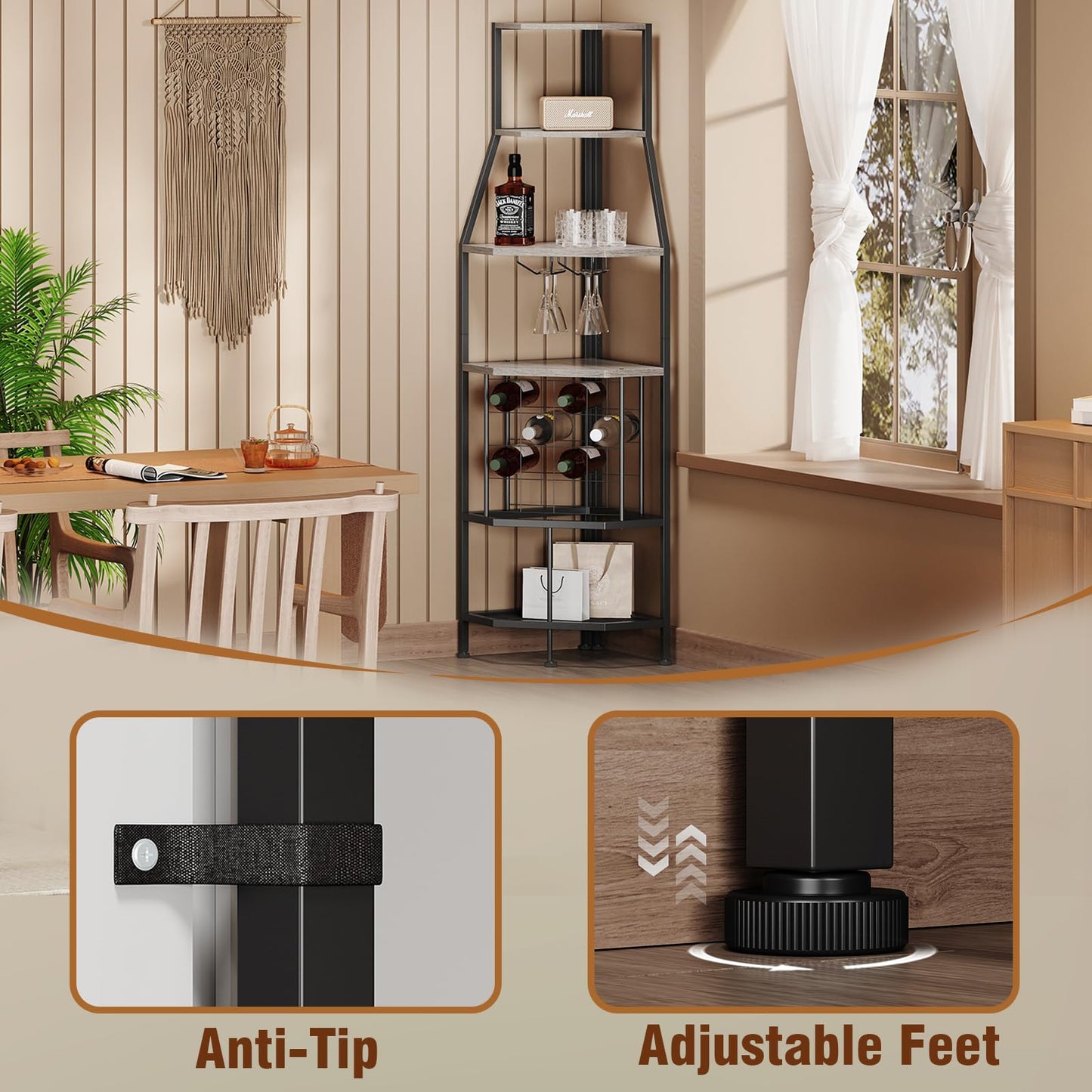 Espelism 5-Tier Corner Wine Rack Floorstanding with Glass Holder and Bottles Wine Storage Home Bar Furniture for Home Kitchen Dining Room Industrial Metal and Wooden Corner Shelf
