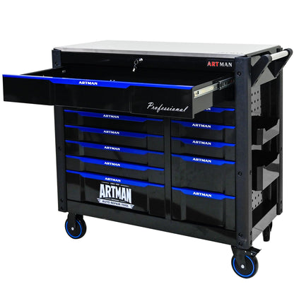 KEIKI 12 Drawer Rolling Tool Cart with Wooden Top, Metal Tool Cabinet with Wheels and Handle, Heavy Duty Storage Organizer for Garage Workshop (Black&Blue)