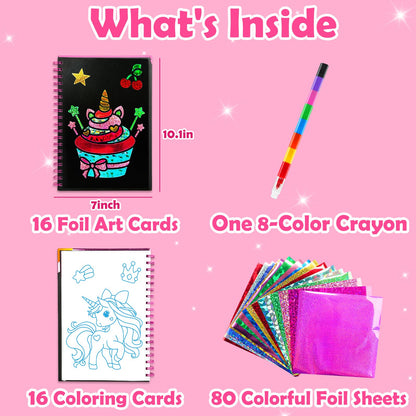 FUNNYB&G Foil Art Craft Kit for Girls 4-10 Years Old: Mess-Free & No-Glue, Create 16 Sparkly Unicorns Pictures – Perfect Travel Toy & Birthday Gift for Kids（Unicorns）