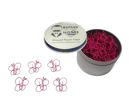 Butterfly Shaped Paper Clips (100 Count) – Pink Decorative Paper Clips for Office, School & Gifts – Round Tin Included – Butler in the Home