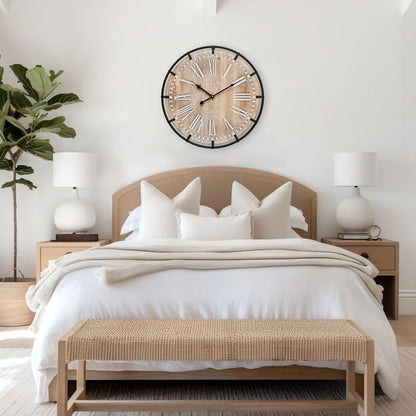 MICWIC 24 Inch Grand Farmhouse Wall Clock, Vintage-Inspired Wood & Metal Design with Large Etched Numbers, Silent Battery-Powered Timepiece for Offices, Kitchens, Bedrooms, and Living Rooms