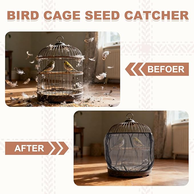 Bird Cage Seed Catcher, Bird Cage Net Cover Seeds Guard, Universal Birdcage Accessories, Black, Circumference 59.1"-86.6", Height 15.7" for Parrot Cockatiel Enclosures