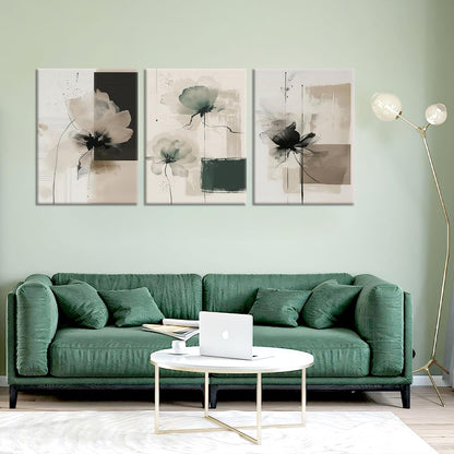 Neutral Abstract Floral Wall Art Set of 3 – Modern Beige & Black Minimalist Canvas Prints, Contemporary Large Flower Posters for Living Room Bedroom Bathroom Office Home Decor, Framed 24x16 Inch