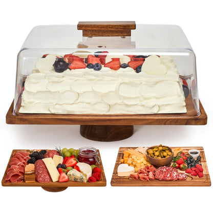 RosiRoli Acacia Wood Cake Stand with Lid, 2-in-1 Rectangular Charcuterie Board & Dessert Display with Shatterproof Acrylic Dome Cover, Serving Platter for Outdoor Entertaining, Wedding Receptions