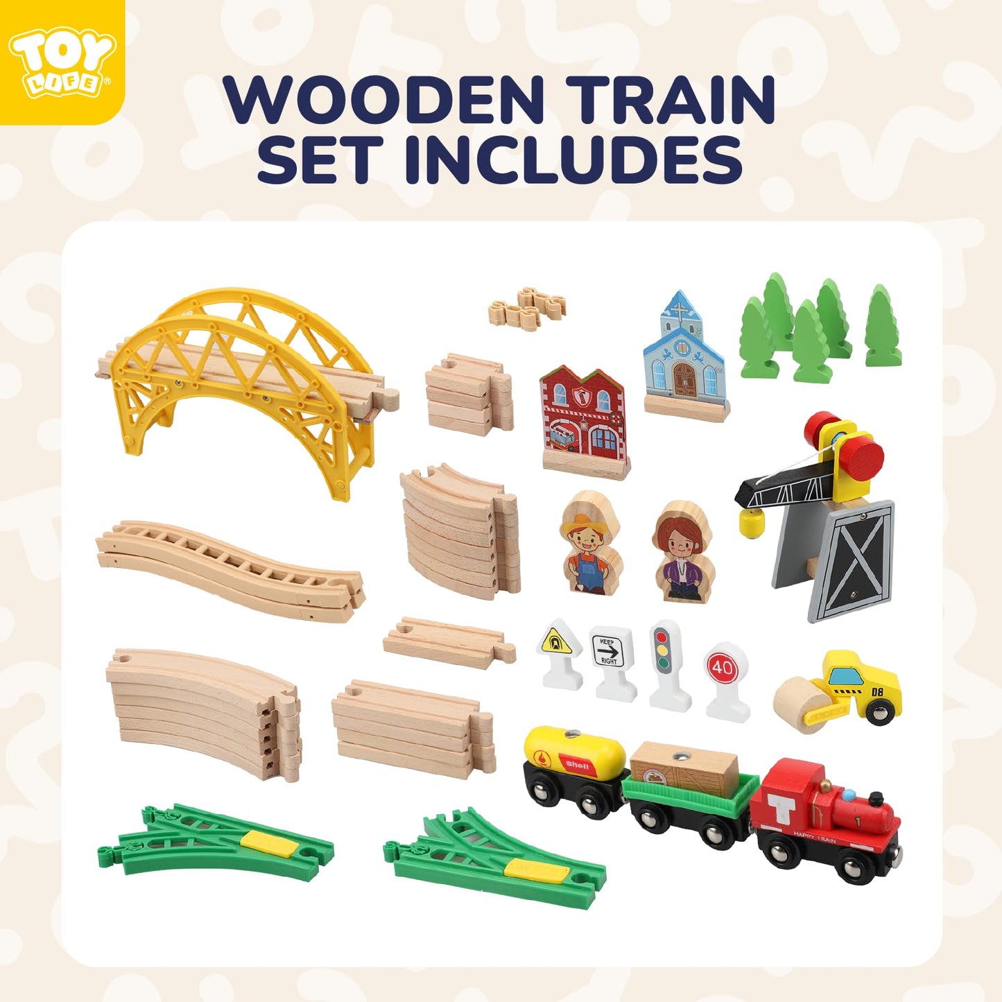 TOY Life Wooden Train Set 60pcs with Magnetic Crane, Wooden Train Tracks Toys for Toddlers Boys Girls 3 4 5, 3 Year Old Boy Gift, Wood Toys Toddler Train for Kids 4-8 - Fits Thomas Brio Chuggington