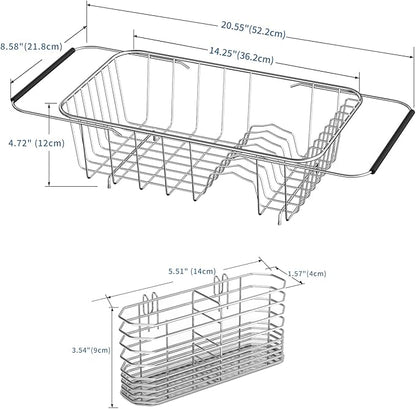 JAQ Over Sink Dish Drying Rack for Small Sink, Compact Expandable 14.25"–22.44", Adjustable 304 Stainless Steel Dish Drainer with Utensil Holder, Space Saving for Small Kitchen