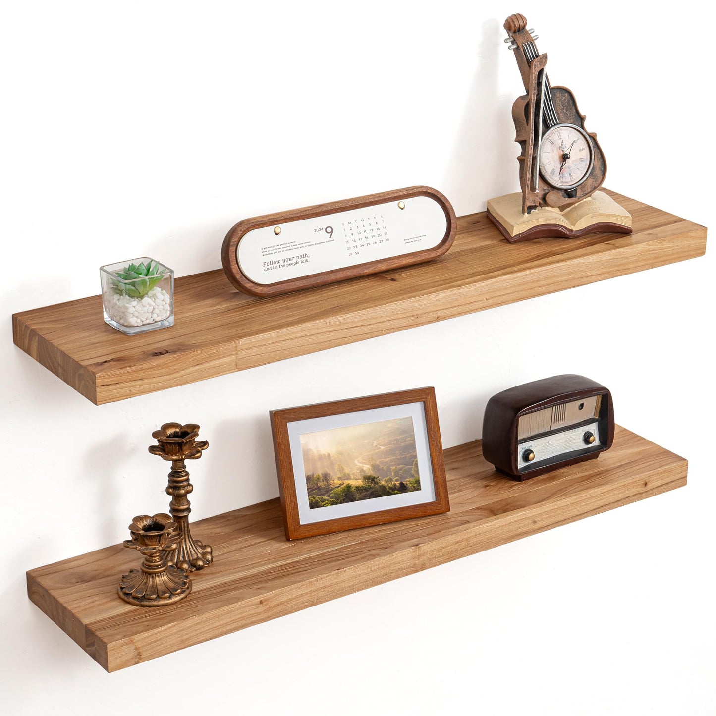 Floating Shelves for Wall Decor, 8" Deep Rustic Solid Elm Wood Floating Shelves Wall Mounted, Wall Shelves with Invisible Bracket for Living Room Bathroom Bedroom Kitchen, 32 Inch Set of 2, Natural